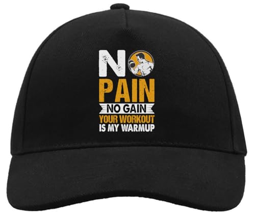 Baseballkappe mit Schnalle, Aufschrift 'No Pain No Gain Your Workout is My Warmup', orangefarbenes Logo, Unisex, gebürstete Baumwolle, Schwarz