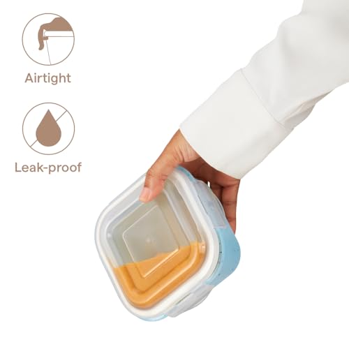 Image of Borosil 320 ml Blue Food Storage Container with Air Tight Lid | Square Shape Borosilicate Glass Organiser | Microwave & Dishwasher Safe | For Fridge, Kitchen Storage