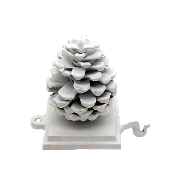 Cast iron white pinecone stocking holder freestanding for shelves and mantels christmas decor seasonal decoration 45 inches tall  urban country home decor