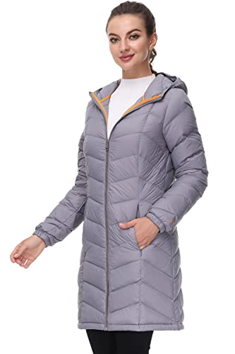 Slow Down Women Lightweight Down Puffer Coat, Women Hooded Mid-Length Packable Winter Jacket With 2 Packing Bag (Grey, M) #TOP1