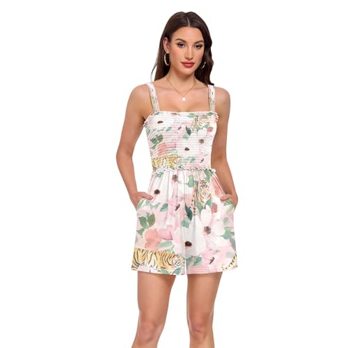 Barboteuse col carré fleur de tigre africain, la combinaison short au motif unique