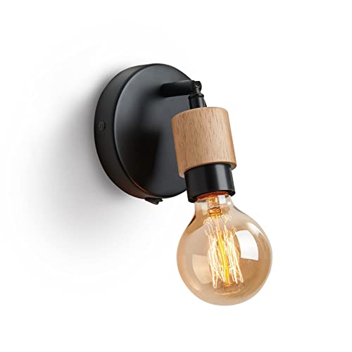 Lightess Wall Lights Industrial Wooden Wall Lamp with Switch 360° Rotatable Spotlights Vintage Retro Wall Sconce E27 Edison Lamp Holder for Bedroom, Living Room, Office, ​Kitchen(Without Bulb)