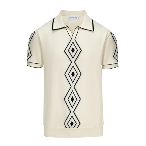 OXKNIT Mens White Apricot 60s V-Neck Polo Shirt Rhombic Pattern Knit Golf Polo