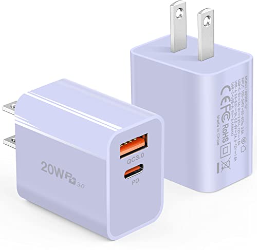 iPhone Charger Fast Charging 20W, 2 Pack USB C Charger Block, Dual Port PD Power Delivery Type C Charger Adapter Plug Compatible with iPhone 13/12/11/Pro/Max/Mini/SE X XS,Galaxy and More(Purple)