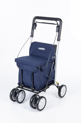Carlett - Caminador Plegable con Asiento Comfort Move | Producto Médico Homologado | Respaldo Incorporado | 4 Ruedas con 3 Posiciones | Capacidad 15 kg | Bolsa Extraíble 29L | Color Azul Marino