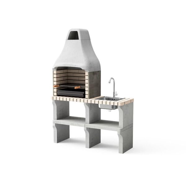 MOVELAR - Barbacoa de Obra Prefabricada de Leña y Carbón Modelo New Iberia Plus XL con Soporte Lateral y Fregadero (Gris, Beige - 128 x 47 x 190 cm) REF: M00471-Cocina de Exterior para Jardín o Patio