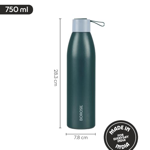 Image of Borosil Hydra 750ml Duomate Green Stainless Steel Bottle | 24 Hours Hot and Cold Double Wall Vacuum Insulated with Copper Coating | 1 Year Warranty
