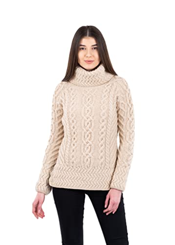 Image of SAOL Aran Irish Sweater for Women - Made of 100% Merino Wool - Ireland Fisherman Cable Knit Ladies Pullover