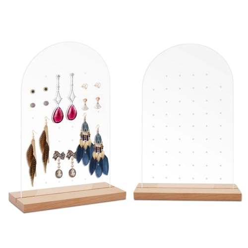 FDDU 2 Pièces Support De Boucle D'Oreille Avec Socle En Bois, Acrylique Présentoir De Boucle D'Oreille, Présentoirs De Bijoux De Stud En Acrylique, Peut Contenir 56...