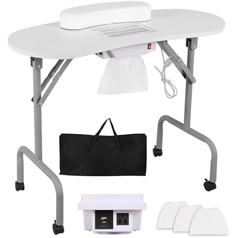 AGESISI Portable Manicure Table Nail Desk with Charging Station & Dust Collector, Foldable Nail Tech Table for Technician Spa Salon Workstation with Wrist Pad 4 Lockable Wheels, 36-inch, White Cover