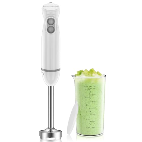 Bonsenkitchen Batidora de Mano 2 en 1, Batidora Multifuncional de Acero Inoxidable de 1000 W con Vaso Medidor de 700 ml, Batidoras, 2 Velocidades, sin BPA