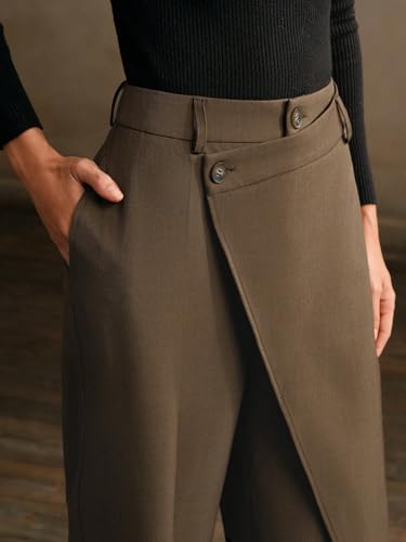Womens Classic Casual Pants Solid Color Asymmetrical Drape Straight Leg Office Pants3