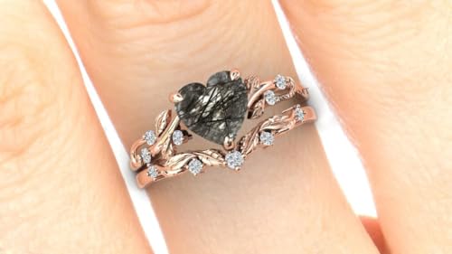 Gothic Heart Ring – 925 Sterling Silver Rutilated Quartz Style CZ with Black Cubic Zirconia Accents, Leaf & Vine Engagement or Statement Ring for Women Black Rutile Ring2