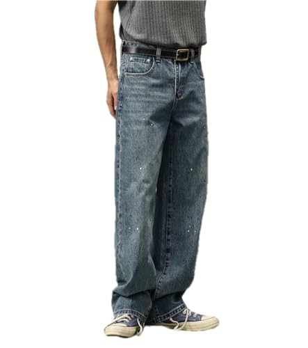 Pants Trousers Denim Niche Design Splashed Blue High Street Jeans Versatile Straight Leg Wide Casual Long for Men