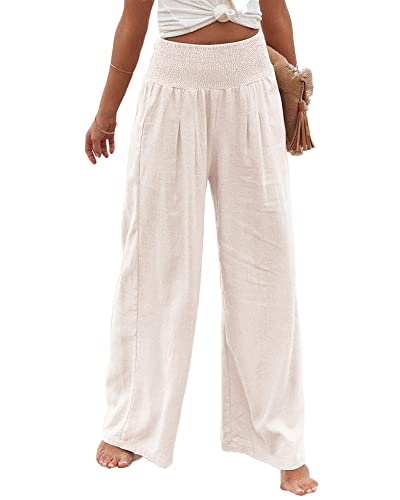 Women Linen Pants Elastic High Waist Wide Leg Palazzo Lounge Pants Casual Loose Beach Pants With Pockets (M, White) #TOP1