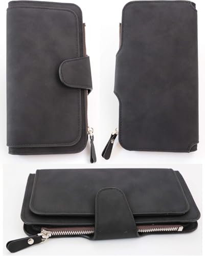 Long Genuine Leather Wallet for Women RFID Blocking Soft Clutch with Zipper Coin Pocket Light Blue (Black)4