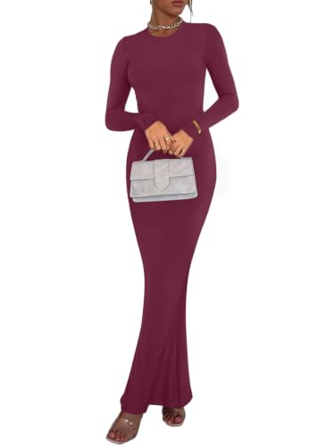 Image of REORIA Women's Sexy Crew Neck Lounge Long Dress Elegant Long Sleeve Ribbed Bodycon Maxi Dresses