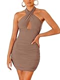 REORIA Women's Sexy Mini Dress Halter Sleeveless Backless Bodycon Criss Cross Ruched Short Dresses Party Night Club Outfits Chanterelle Medium