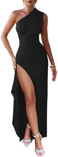 LAGSHIAN Women's Summer Sexy Bodycon One Shoulder High Split Ruch...