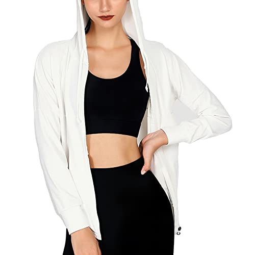 Xaspee Women's Loose Running Shirts Quick Dry Full Zip Up Athletic Jackets Lightweight Workout Hoodie Pockets Sportswear (S, White) #TOP2