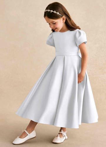 A-Line Puff Sleeves Satin Princess Flower Girl Dress Tea Length Round Neck Pageant Bows Junior Bridesmaid Dresses2