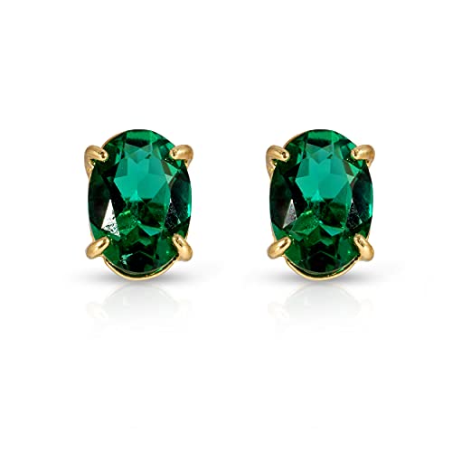 14K Solid Yellow Gold Stud Earrings with Lab. Grown Emerald Grade AAA