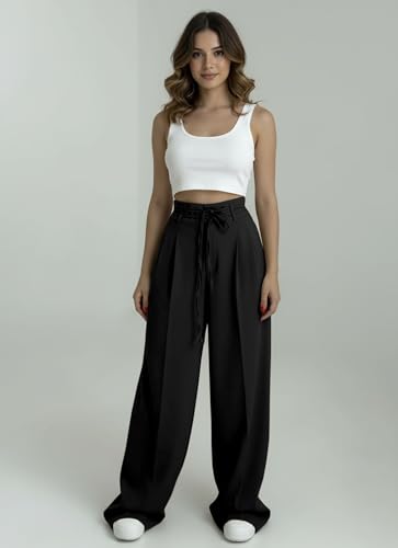 Image of Aahwan OffWhite Solid High Fabric Belt Waist Straight Korean Loose Pleated Wide Leg Trouser for Women's & Girl's