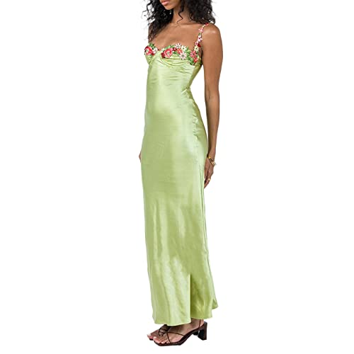 Yuemengxuan Maxi Dress For Women Floral Lace Edge Sexy Satin Dress Square Neck Strap Bodycon Dress Evening Cocktail Dress (Green-B, S) #TOP3