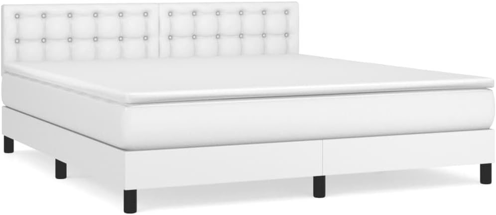 Box Spring Bed with Mattress White Queen Faux Leather,Beds & Bed Frames-149.6lbs,Queen Bed