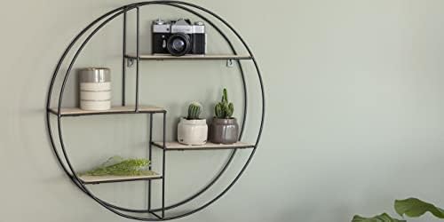 LIFA LIVING Round Wall Shelf 4 Tier, Floating Shelf in MDF Wood and Black Metal, Decorative Hanging Shelf for Kitchen, Bedroom, Living Room, 55 x 11 x 55 cm