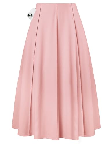 Kate Kasin Women Pink A Line Midi Skirt Knee Length High Waisted Flare Skirts with Pockets...