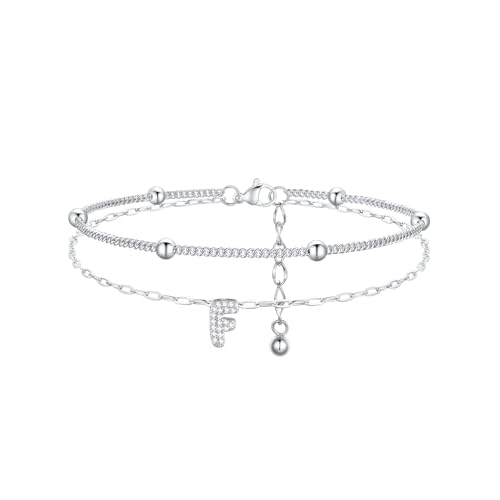 FindChic Initial Anklet for Women, Silver/Gold Plated Layered Beaded Ankle Bracelet with Cubic Zirconia Initial Charm, Adjustable Waterproof Non-Tarni