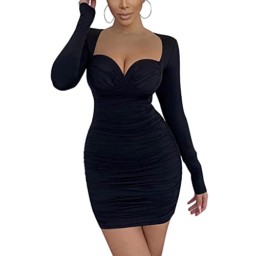 Annystore Women's Sexy V Neck Dresses Bodycon Long Sleeve Ruched Low Collar Mini Dress Slim Fit for Party Club Night Black S