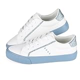 JUDIS Kids Glitter Fashion Sneakers Girls White PU Low Top Lace Up Casual Shoes