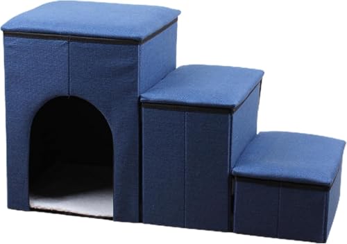 Marysea ペット用階段 猫用 折りたたみ式 ペット階段 ポリエステル製ステップ 収納ボックス付き 滑り止め底 犬猫兼用 洗えるカバー 家庭用 旅行用 (ネイビーブルー)