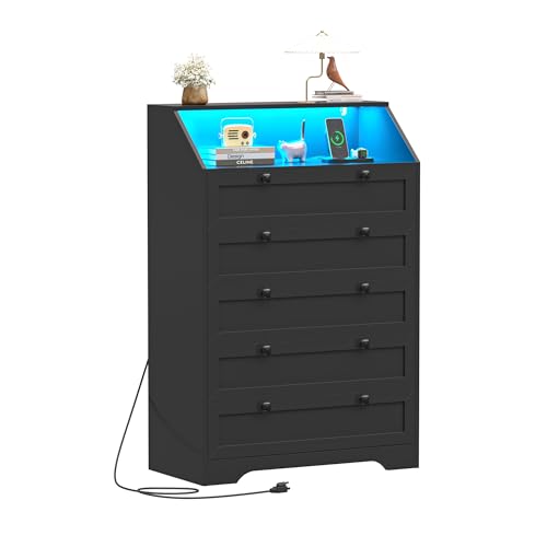 Image of Black Dresser Tall 5 Drawer Dresser for Bedroom, Wood Chest of Drawers with LED Lights, Charging Station, Metal Handles, Modern Storage Cabinet and Organizer Drawers for Living Room, Hallway