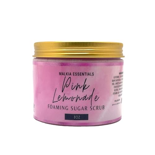 Malkia Essentials- Pink Lemonade Vegan Foaming Sugar Scrub for body, hands, and foot, daily dry skin care, gentle and non toxic ingredients, for Eczema and Sensitive Skin