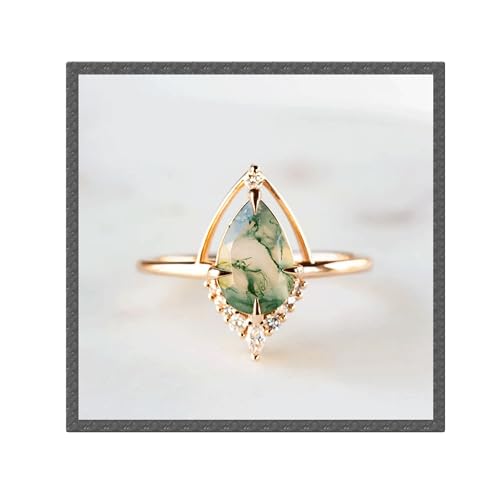 Moss Agate Ring for Women 925 Sterling Silver 14K Gold Plated Natural Green Gemstone Engagement/Wedding/Promise Adjustable Ring Dainty Stackable Jewelry Gift for Her