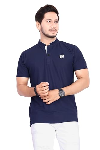 Image of BAGHADBILLO Men's and Boy's Polyster T-Shirt with Mandarin Collared Neck Half Sleeves Closuer Button and Regular Fit | Polo t Shirt for Man
