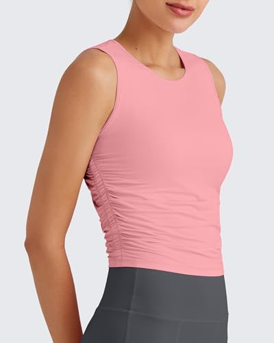 Image of G4Free Skimetic Workout Tank Tops for Women Side Ruched Sleeveless High Neck Crop Top Summer Athletic Gym Shirts