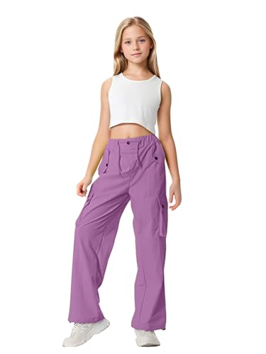 Image of HENGAO Girls Cargo Pants Parachute Casual Jogger Y2K 5-14 Years | Kids Baggy pants Parachute, Drawstring, with Pockets, Elastic High Waist, Loose Trousers Streetwear