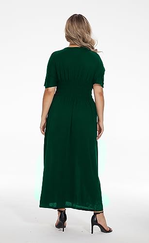 Image of OSTOO Women's Plus Size Hawaii Empire Waist Bat Short Sleeve Casual Floral Print Boho Maxi Dress(Dark Green,XXL