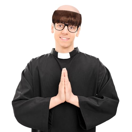 Zeyune Funny Monk Wig for Men Bald Funny Wig Brown for Adult Cosplay Costume Short Character Party Outfit Accessories