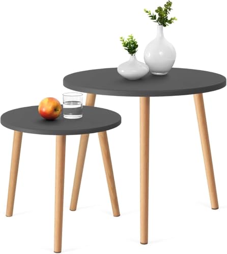 Image of Modern Wooden Nesting Side Table Set of 2 for Living Room | Space Saving Sofa Side Table | Bedside End Table | Multipurpose Accent Tables for Home Bedroom Office (Black, Round Nesting)