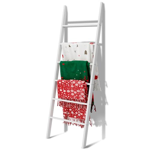 Delywh Wood Blanket Ladder 57.5 Rustic Towel Quilt Throw Blanket Ladders for The Living Room Bedroom Nursery Stand Holder Wooden Decorative Ladder for Blankets Rack Farmhouse Home Decor White