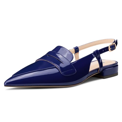 Castamere Damen Slingback Flache Pumps Niedrige Absatz Heel Geschlossene Spitze Zehenkappe Slip-on Loafers Büroschuhe Lässig Dress Schuhe 2 cm Heels Marineblau 40 EU