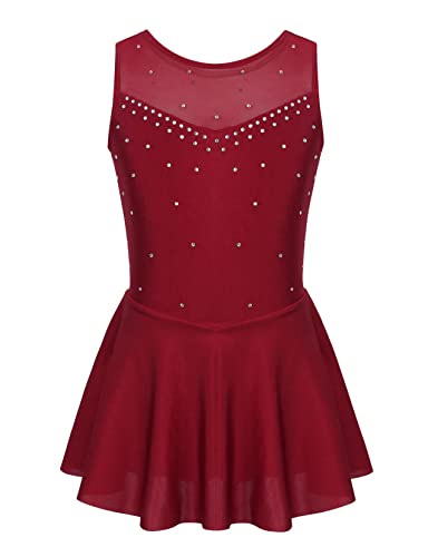 Kvysinly Mädchen Eiskunstlauf Kleid Rollkunstlauf ärmellos Ballettkleid mit Strass Glitzer Tanzkleid Gymnastik Wettbewerb Outfit Burgundy 134-140