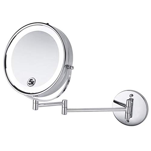 LCARY Espejo de tocador de Maquillaje con Luces, Espejo cosmético montado en la Pared de Dos Caras Aumento de 5X Espejo de Belleza Extensible Espejo de baño Alimentado por Enchufe,Plata
