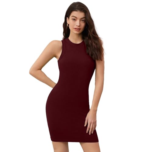 Image of Solid Sleeveless Round Neck Ribbed Western Bodycon Dress For Women