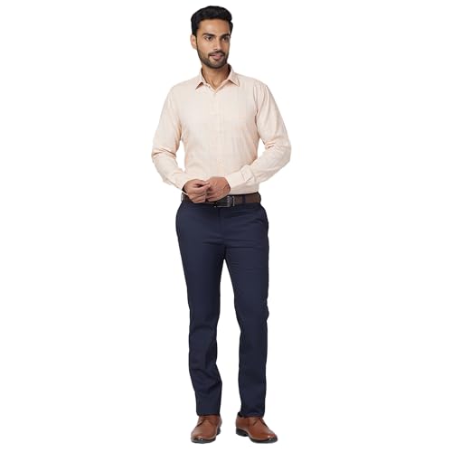 Image of Raymond Men's Stripe Pattern Slim Fit Poly Viscose Blend Flat Front Formal Trouser